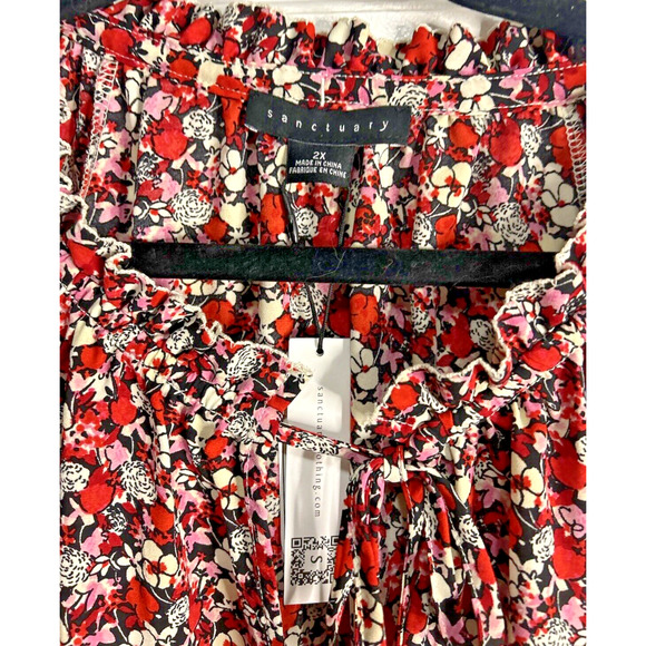 Women Plus 2X Blouse Sanctuary Georgette Red Floral Print Tie Neck Ruffle NWT - Picture 6 of 16